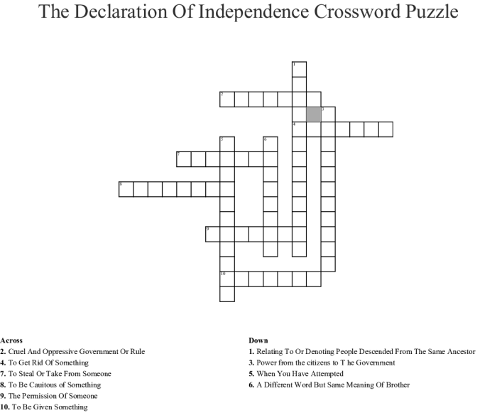 Declaration of independence crossword puzzle